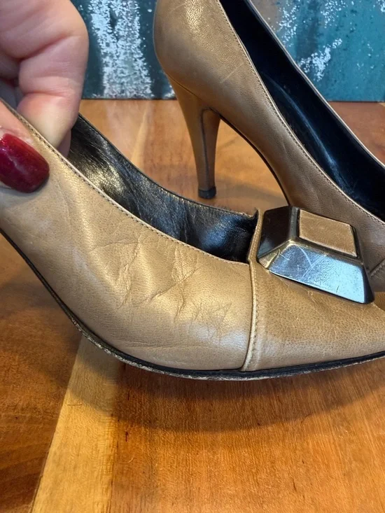 Yves Saint Laurent Vintage 90s Quiet Luxury Leather Peep Toe Heels Taupe/Tan - Picture 17 of 17